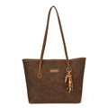 Retro dark brown tote bag in textured faux suede with colorful wooden bead charm - With Pendant / Coffee
