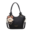 Elegante borsa a secchiello in pelle nera con manico annodato e ciondolo a orsetto - Con Ciondolo / Nero