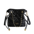 Bolso saco chic de cuero acolchado negro con cadena dorada y cierre de cordón - Negro