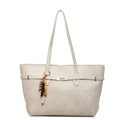 Chic beige tote bag with a golden buckle lock and colorful beaded tassel detail - With Pendant / Off White