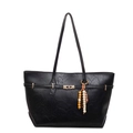 Black pebbled leather tote bag with gold lock buckle and colorful beaded tassel charm - With Pendant / Black