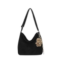 Black large capacity hobo bag with adjustable strap and brown teddy bear charm pendant - With Pendant / Black