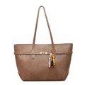 Brown faux leather tote bag with gold buckle and colorful beaded tassel detail - With Pendant / Khaki