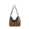 Brown suede Hobo shoulder bag with bear charm and adjustable strap for daily commute - With Pendant / Brown