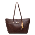 Large dark brown tote bag with vintage oil wax leather texture and golden metal buckle - With Pendant / Coffee