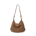 Borsa mare hobo intrecciata marrone con tracolla in pelle e texture crochet traforata - Cachi