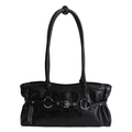 Bolso de hombro retro de cuero encerado negro con anillo de metal vintage y hebilla - Negro