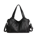 Large black textured PU leather tote bag with dual front zippers and adjustable strap - Black
