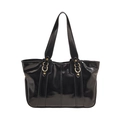 Borsa tote vintage in pelle cerata nera lucida con eleganti connettori a anello dorati - L Nero