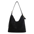 Minimalist black suede tote bag with large capacity and a triangular charm pendant - Black