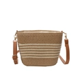 Gestreifte Stroh-Eimertasche mit braunem Lederriemen und dreifarbigem Webmuster - Khaki & Cremeweiß Gestreift