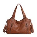 Brown lychee texture leather tote bag with double zippers and adjustable shoulder strap - Brown