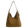 Minimalist tan faux leather large tote bag with wide shoulder strap and gold hardware - Yellow
