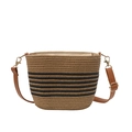 Stroh-Eimertasche mit schwarzen Streifen und verstellbarem Lederriemen für den Strand - Khaki & Schwarz Gestreift