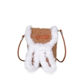 Borsa marrone all'uncinetto con orecchie di coniglio in peluche e tracolla in pelle - Cachi