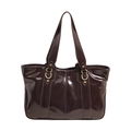 Borsa tote in pelle cerata marrone scuro con finitura lucida e dettagli in oro - Caffè Grande