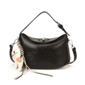 Chic black textured leather crescent handbag with silver turn-lock and cute horse charm - With Pendant / Black