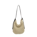 Minimalistische Stroh-Hobo-Schultertasche mit dunkelbraunen Trägern für Strandurlaube - Gebrochenes Weiß
