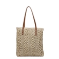 Große beige geflochtene Strohtasche mit braunen Ledergriffen und Kreuzstich-Detail - Gebrochenes Weiß