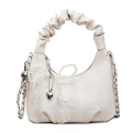Chic pleated croissant bag in beige with lace trim and elegant pearl bow accents - With Pendant / White