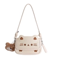 Creamy cat-shaped crossbody bag with cat face embroidery and brown bear plush charm - Beige With Pendant