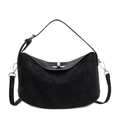 Minimalist black suede half-moon handbag with silver metallic buckle and crossbody strap - Black