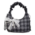 Black and grey plaid crescent bag with lace bow, pearl chain and bear embroidery - With Pendant / Black