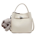 Cream bucket bag in lychee texture with metal lock and plush rabbit charm - With Pendant / Off White