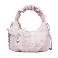 Pink checkered cloud handbag with ruffles, lace bows, and pearl chain accessories - With Pendant / Pink