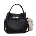 Minimalist black lychee leather handbag with silver lock and plush bunny charm - With Pendant / Black