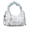 Blue plaid crescent handbag with pleated handle, lace bow, and pearl charms decoration - With Pendant / Blue