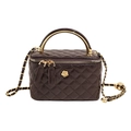 Borsa in pelle trapuntata marrone scuro con manico in oro e fiore di camelia - Grande / Marrone