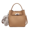 Camel leather bucket bag with silver buckle and cute plush rabbit keychain accessory - With Pendant / Brown