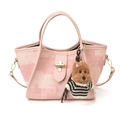 Pink textured tote bag with golden hardware and cute brown puppy plush keychain charm - With Pendant / Pink