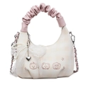 Chic cream white checkered handbag with pink pleated handle and bear embroidery - White and Pink