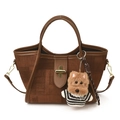 Brown canvas patchwork tote bag with leather handles and cute dog pendant charm - With Pendant / Brown