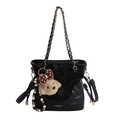 Borsa a secchiello in pelle trapuntata nera con catena e ciondolo orsetto carino - Con Ciondolo / Nero