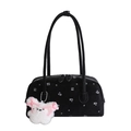 Sac sous le bras noir à imprimé floral avec pendentif lapin blanc en peluche - Avec Pendentif / Noir