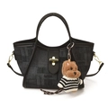 Retro grey denim bucket bag with black trim and a cute puppy plush charm for women - With Pendant / Black