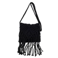 Handmade black macrame shoulder bag featuring geometric patterns and long tassels - Black