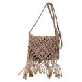 Khaki woven bohemian crossbody bag with long tassels and geometric diamond patterns - Khaki