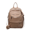 Brown lychee-textured leather backpack with multiple zipper pockets and plush ball pendant - Khaki