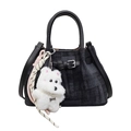 Bolso saco de jacquard negro y gris con colgante de cachorro de peluche y asas de cuero - Con Colgante / Negro