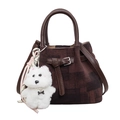 Bolso cubo plisado marrón vintage con estampado de cuadros y colgante de perro - Con Colgante / café
