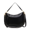 Retro black leather hobo bag with gold studs on the side and adjustable shoulder strap - Black