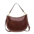 Minimalist dark brown half-moon tote bag with gold rivet trim and adjustable straps - Coffee