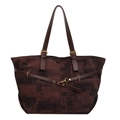 Grand sac cabas en toile rétro avec patchwork marron abstrait et anses en cuir sur fond blanc - café