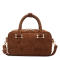 Brown suede baguette bag featuring gold bone-shaped hardware and a matching shoulder strap - Brown