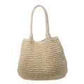 Large capacity handmade woven straw tote bag in light beige for summer beach vacations - Off White