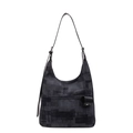 Große dunkelgraue geometrische Jeans-Tasche mit schwarzem Leder-Schultergurt und Anhänger - Schwarz